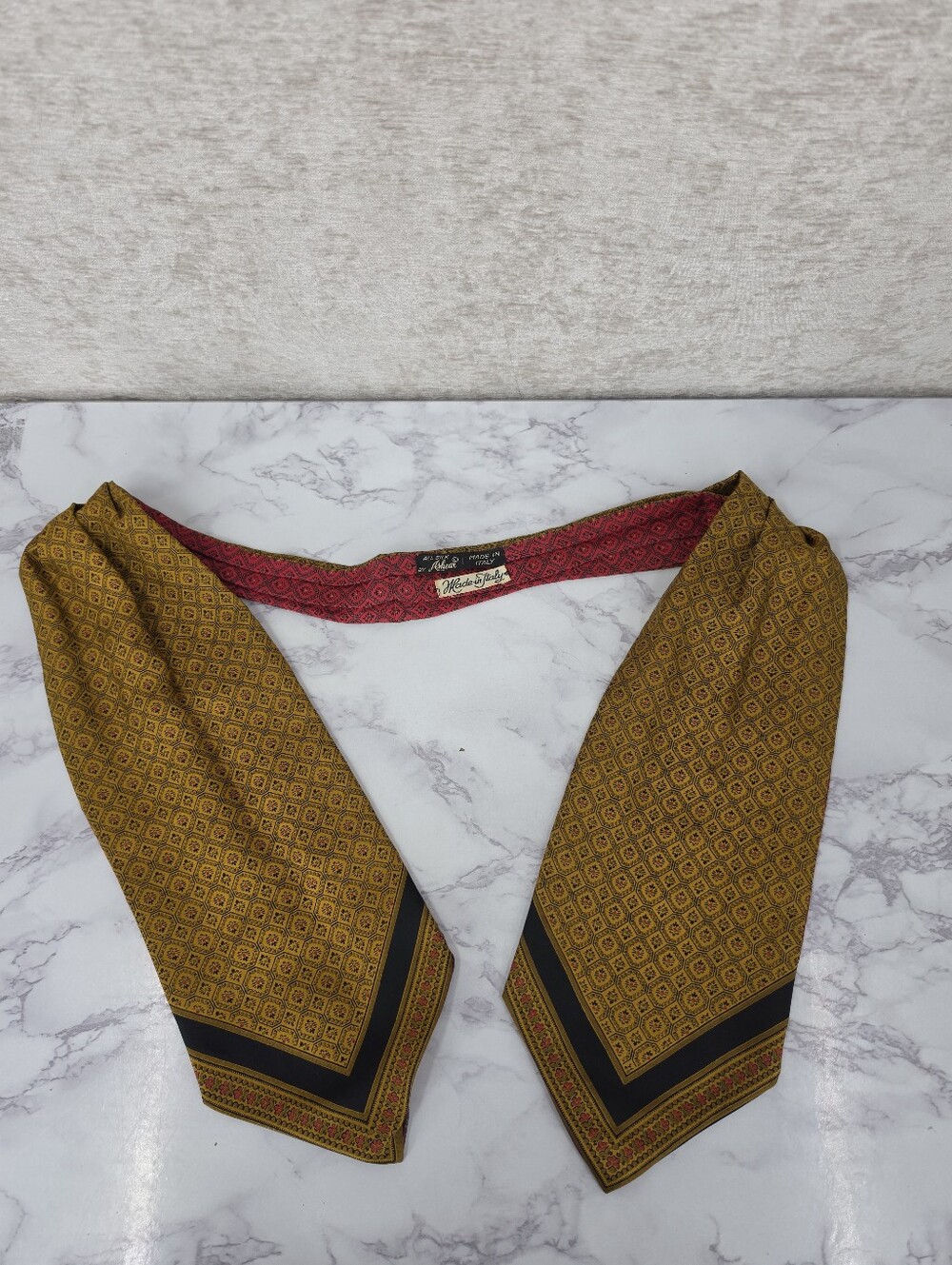 Ashear 70s Italian Silk Ascot Tie Scarf Vintage Gold Red Geometric Floral